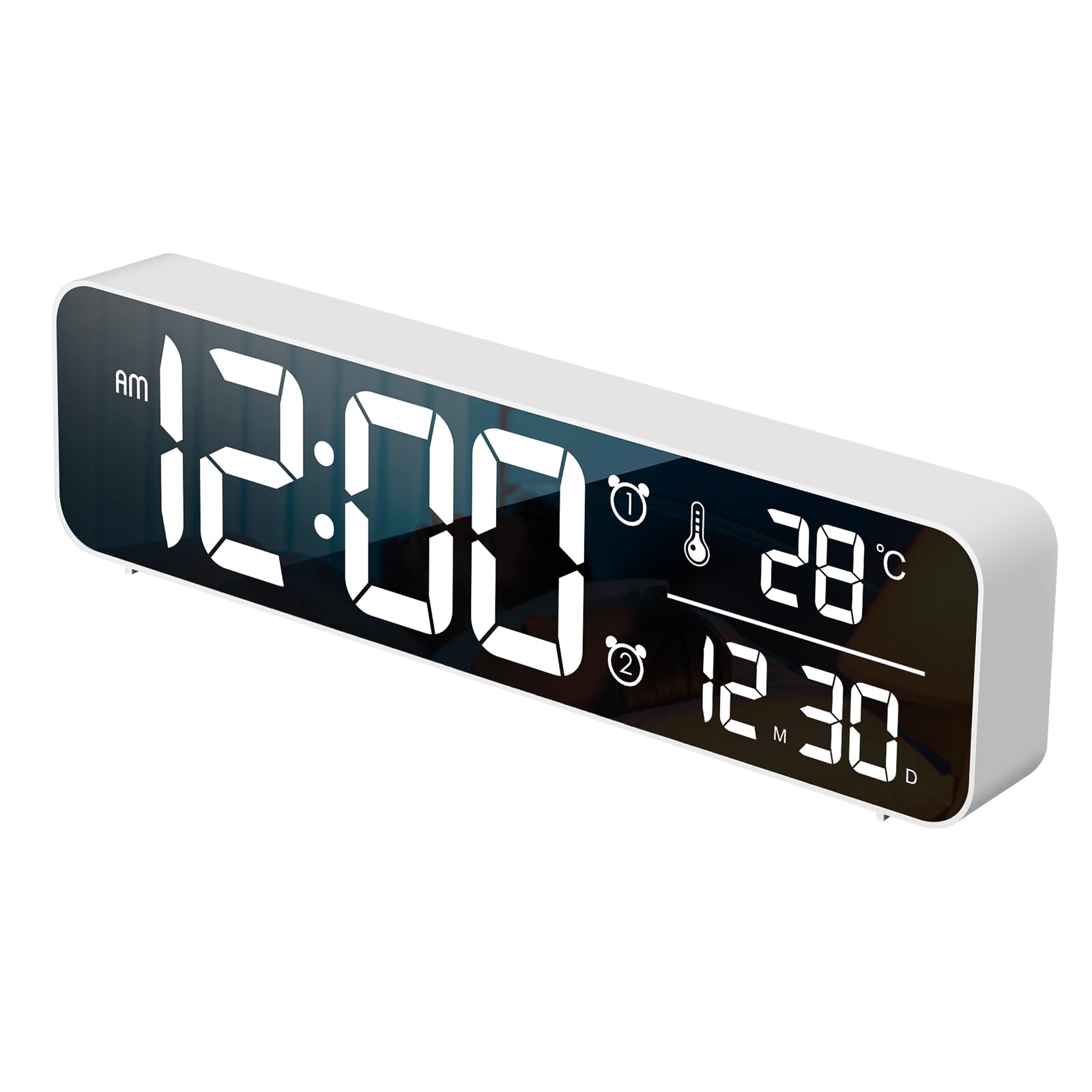 ALANASLarge Digital Clock with Date/Temperature Display, Dual Alarms with Classic Music Ring, 5 Level Dimmer, Plug in Electronic Alarm Clocks for Bedroom.