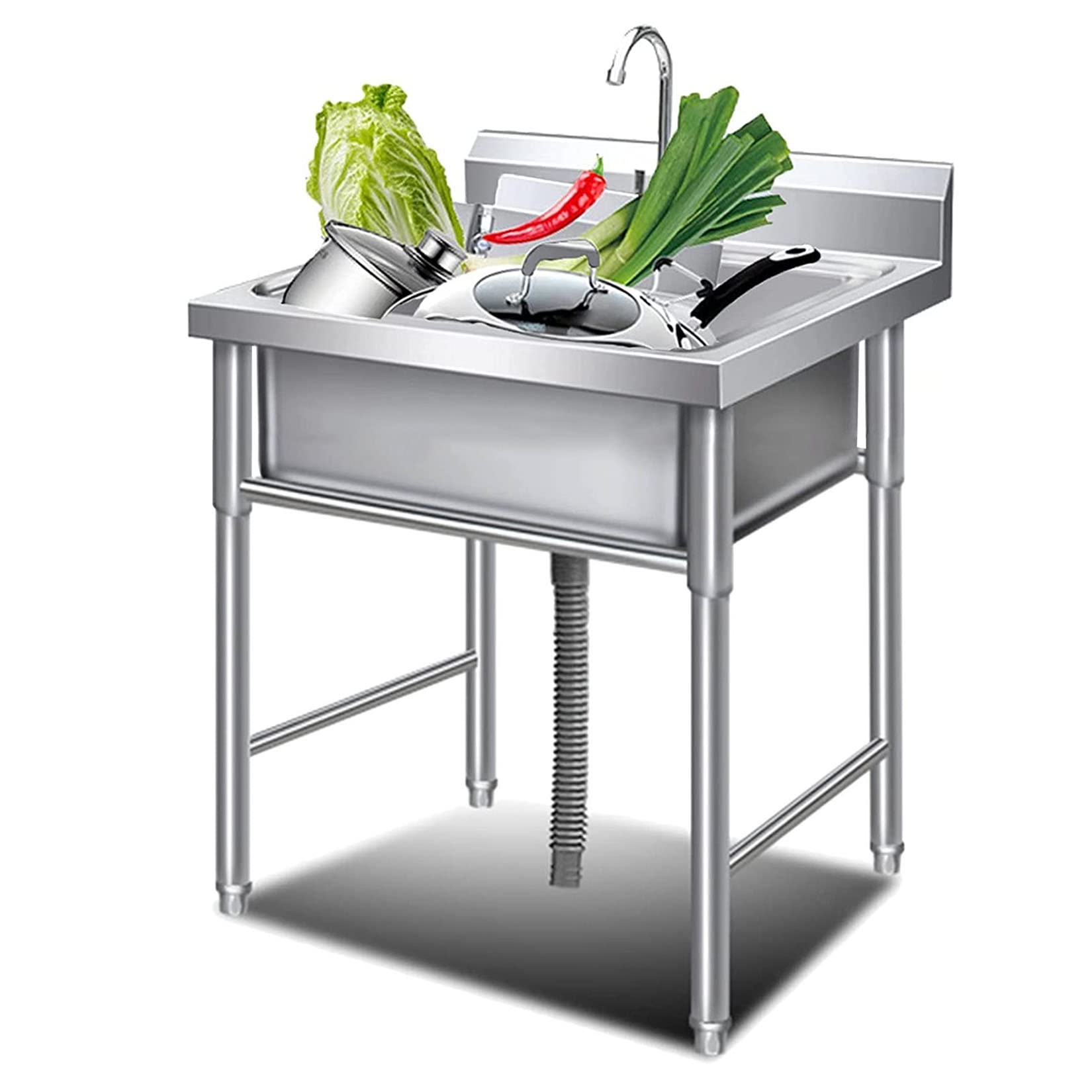 ZTCHSENZT Sink,Kitchen Utility Sink,Single Bowl Stainless Steel Sink 1 Compartment Commercial Kitchen with Faucet, Freestanding Prep & Utility H Legs, Laundry for Indoor and Outdoo