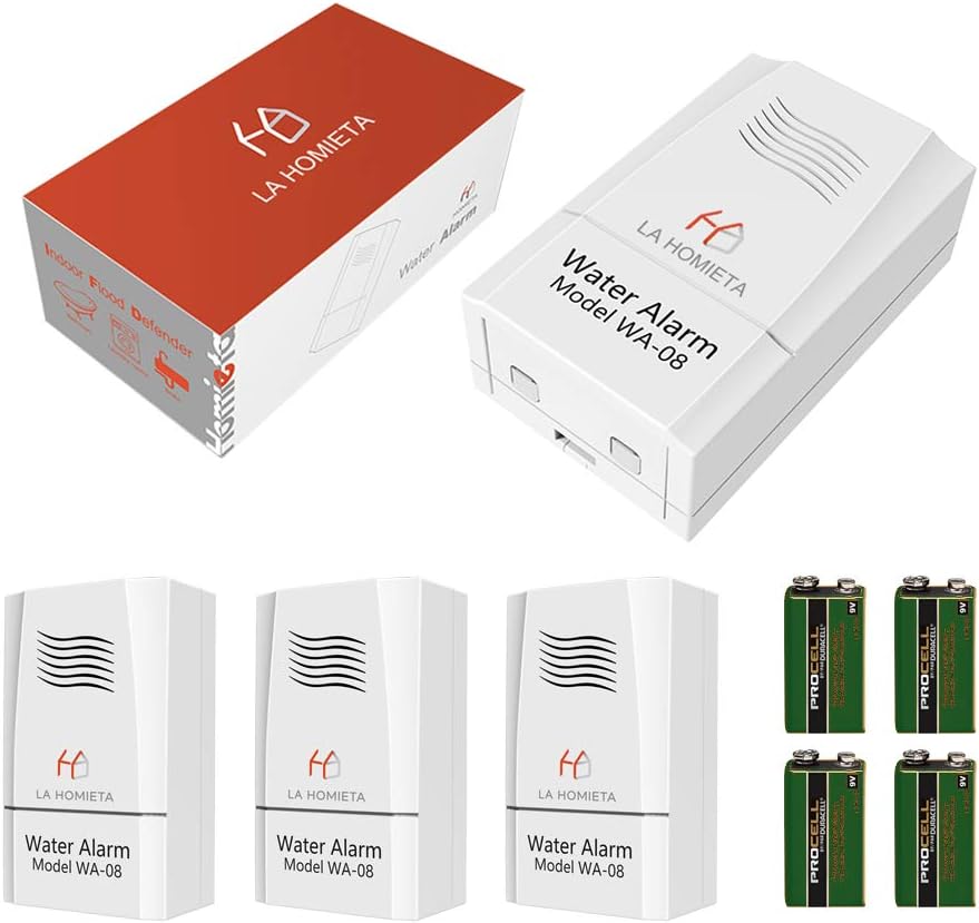 Water Alarm with 6 ft Extended Sensor Sensor for Water Leakage Detection, 110dB Audio Sensitive Flood Alarm, Battery Included, LA Homieta WA08(4 Packs)