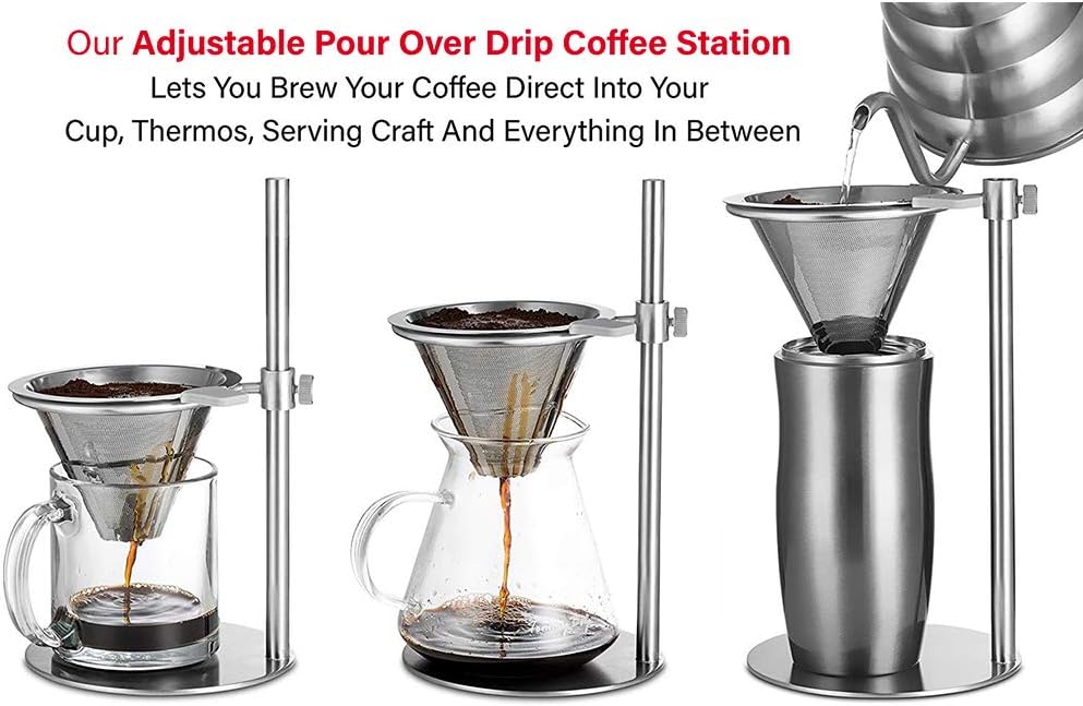 Mingkai Stainless Steel Pour Over Coffee Maker, Adjustable Pour Over Coffee Stand with Double Filter, Freestanding Drip Cone Brewer and Stand, Make Coffee Directly into Mug, Cup or Thermos Silver
