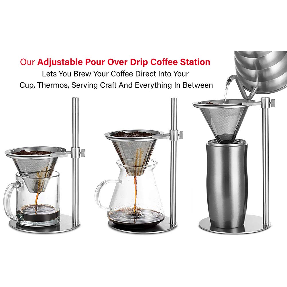 Zerodis Adjustable Stainless Steel Coffee Stand with Double Filter, Freestanding Drip Coffee Brewer, 304 Stainless Steel, Adjustable Height Coffee Stand (Silver)