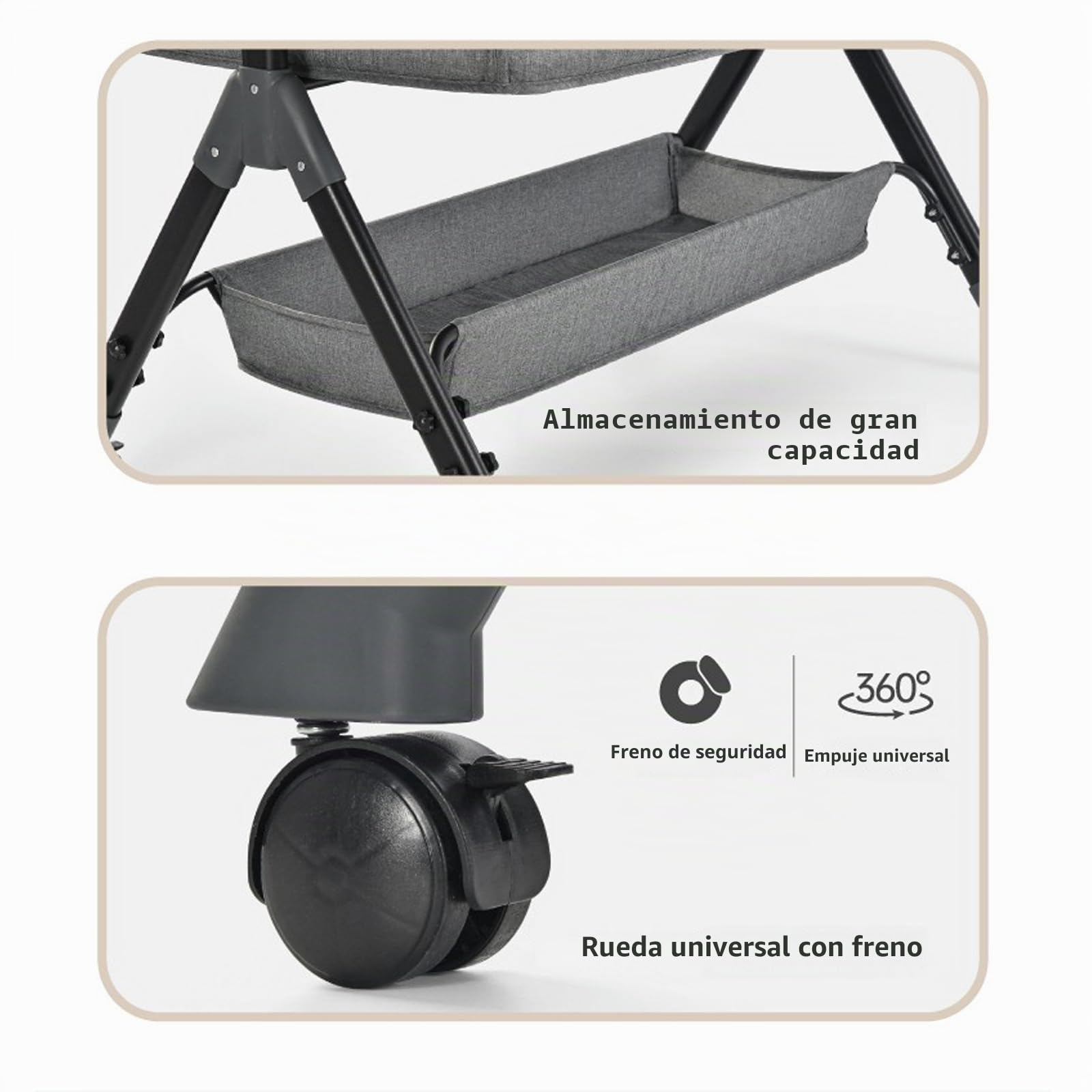 Cuna de noche portátil, altura ajustable, con cesta de almacenamiento de mosquitera, gris y negro (KHAKI)