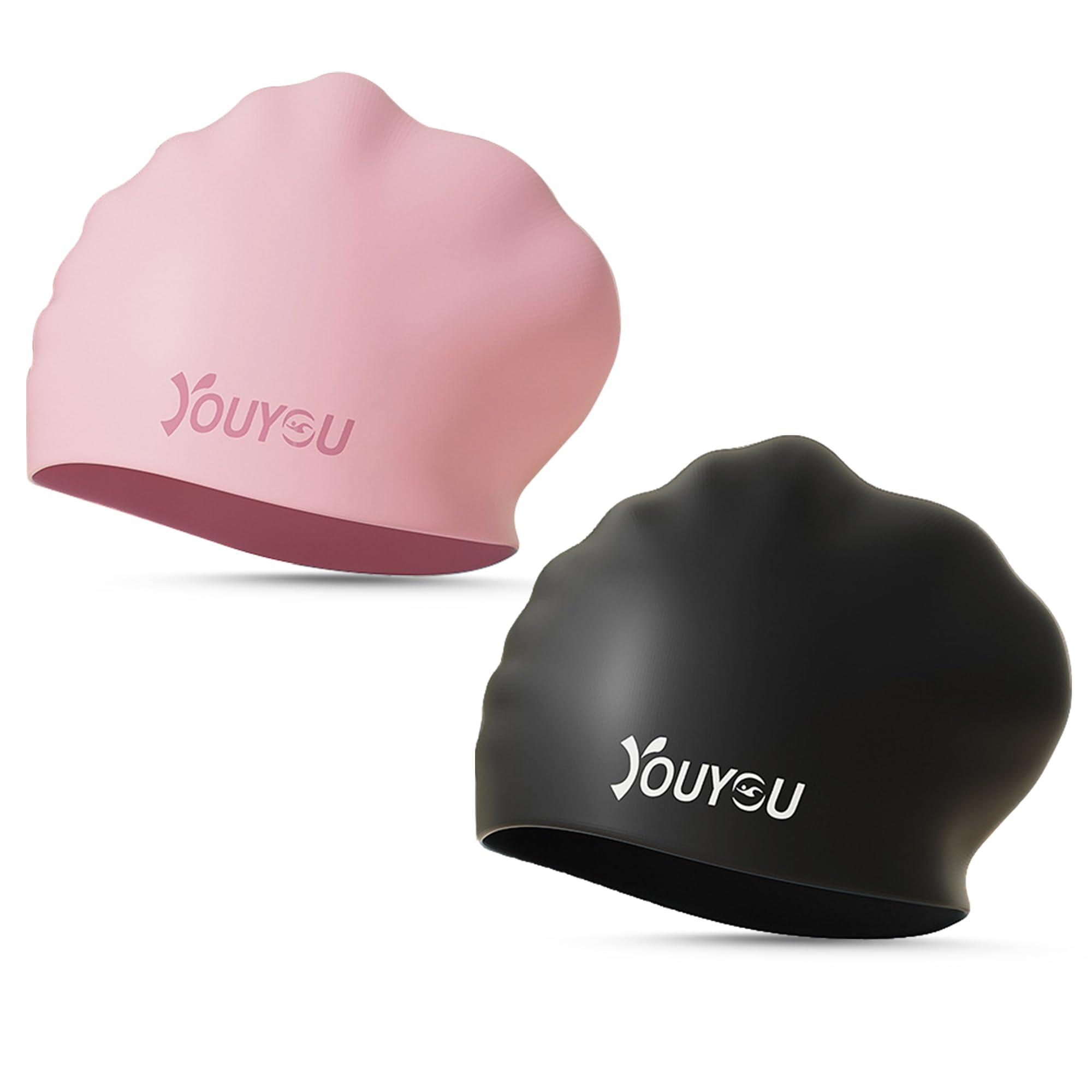 2 Pack Silicone Swimming Caps for Long Hair, Large Waterproof Swimming Caps for Women Men Adults with Thick or Curly Hair, Comfortable 3D Bathing Caps(Pink&Black）