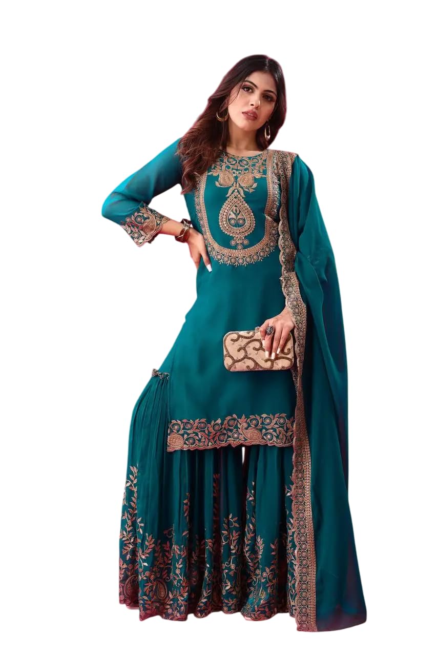 KHUSHALI CRAFT Women's Faux Georgette Ensemble with Embroidery & Sequence Work Kurti With Sharara and Dupatta Set