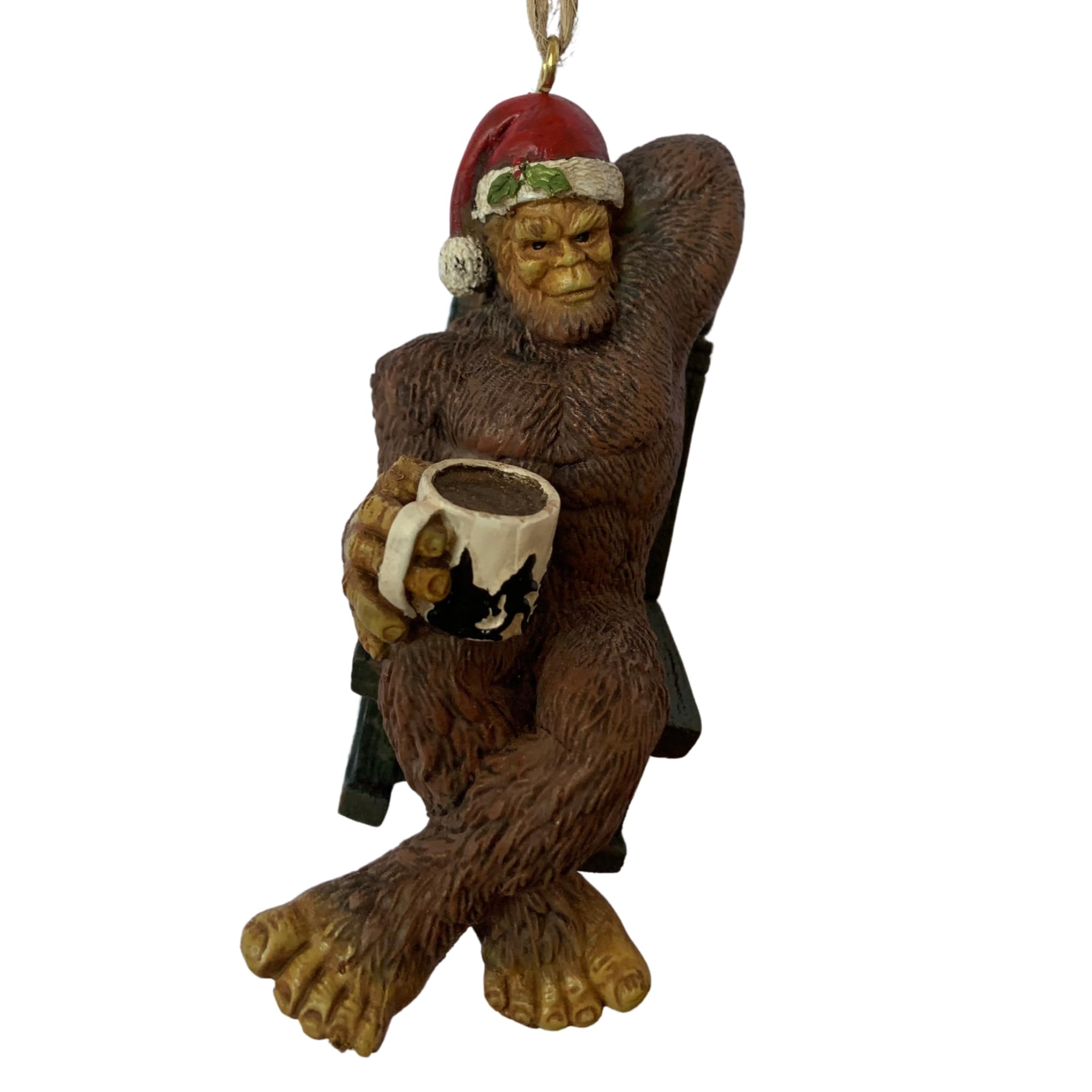 Bella Haus Christmas Shoppe Bigfoot Christmas Tree Ornament | Sasquatch Relaxing in Rocking Chair with Coffee Mug | Funny Resin Figurine Holiday Décor | Novelty Secret Santa or White Elephant Gift