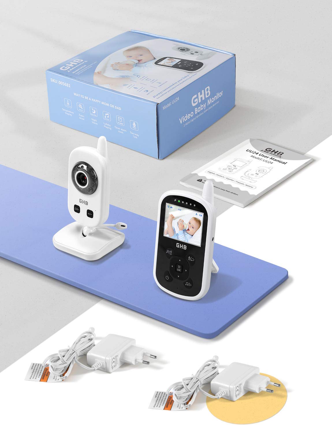 GHB Baby Monitor Videocamera Schermo 2.4" 950mAh VOX Visione Notturna Monitoraggio Temperatura