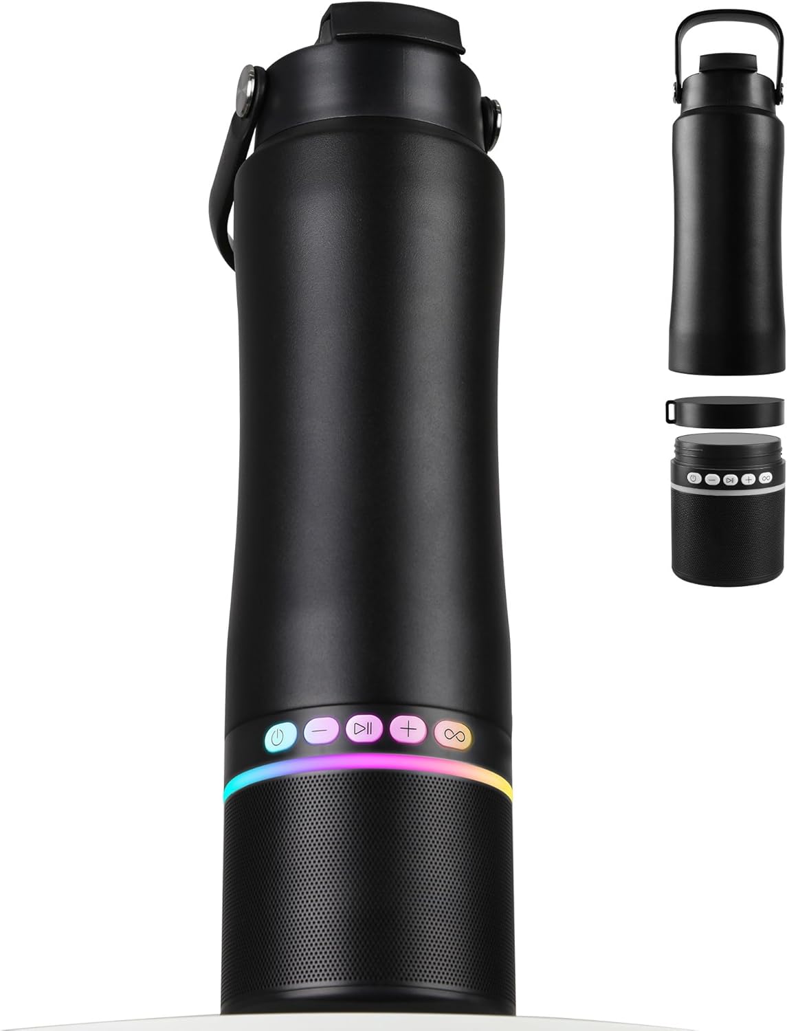 Water Bottle with Portable Bluetooth Speaker - Modular Insulated Water Bottles w/Handle, BT5.3, TWS Pairing Speaker and Stainless Steel Cups for Camping Sports Beach (Black)
