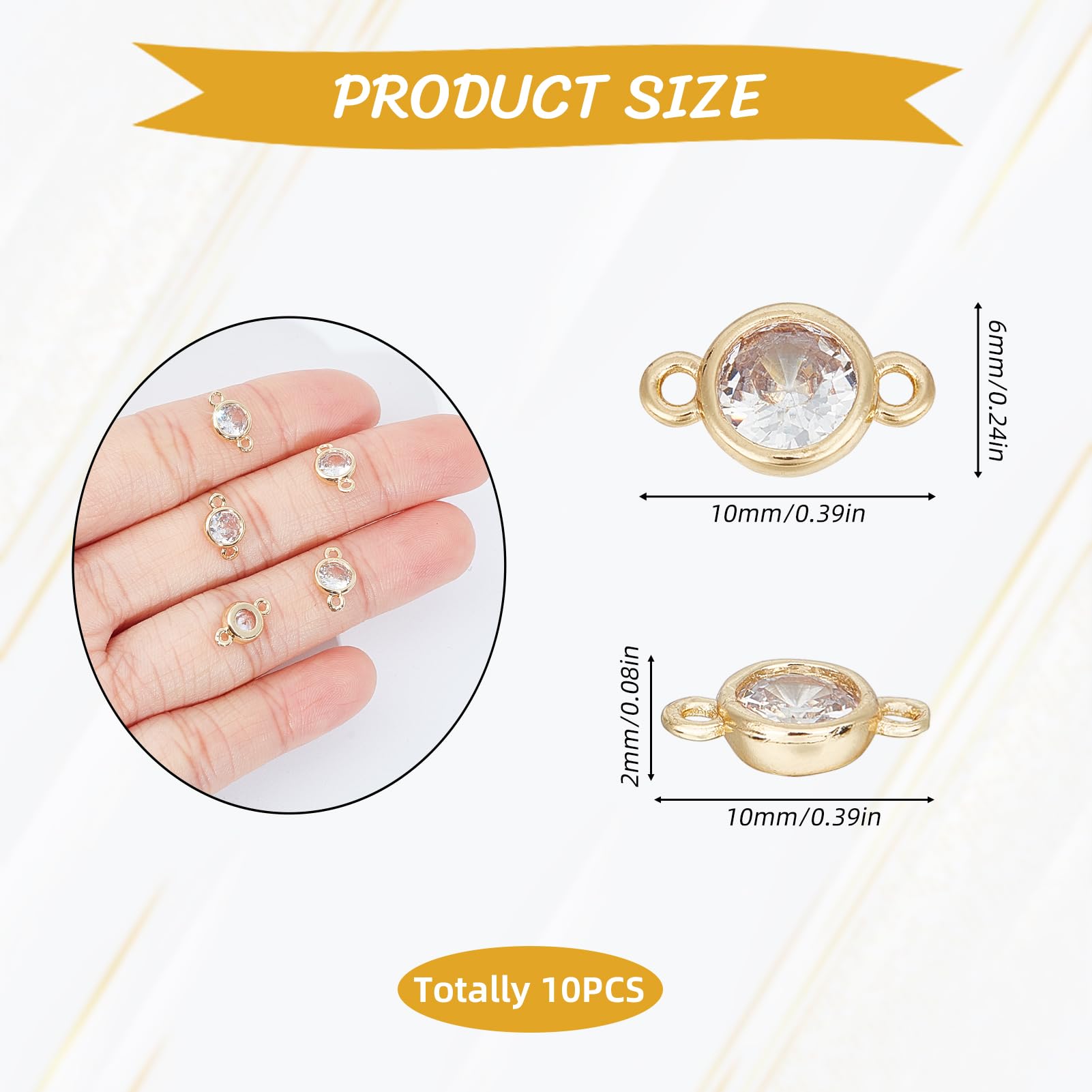 NICENEEDED 10 Pcs Cubic Zirconia Links Charms, 14K Gold Plated Round Glass Gemstone Pendants - Image 3