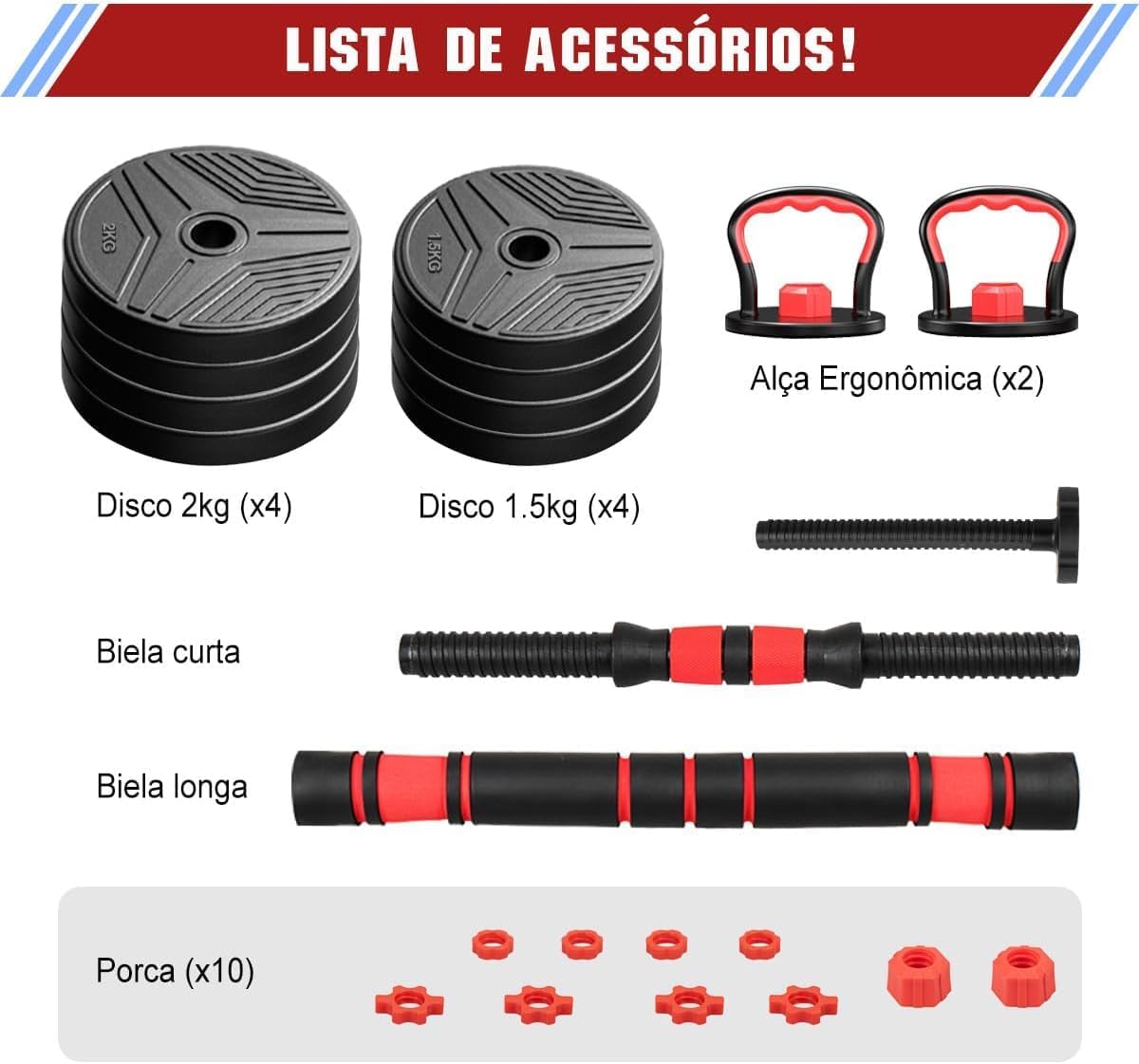 Kit Haltere 6 em 1 Ajustável 15kg para Musculação – Multifuncional com Barra, Kettlebell e Halteres