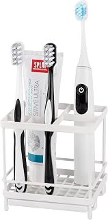 Electric Toothbrush Holders for Bathrooms Toothpaste Organizer, White | Carbon Steel, Removable Diatomite Drip Tray, 5 Slots Kids Tooth Brush Holder for Countertop, Shower, Vanity