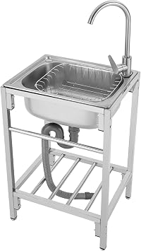 Stainless Steel Utility Sink, Freestanding Single Bowl Kitchen Sink, 1 Compartment Small Utility Sink with Hot Cold Faucet and Storage Shelf for Restaurant 19.6 * 15.7 * 29.5in