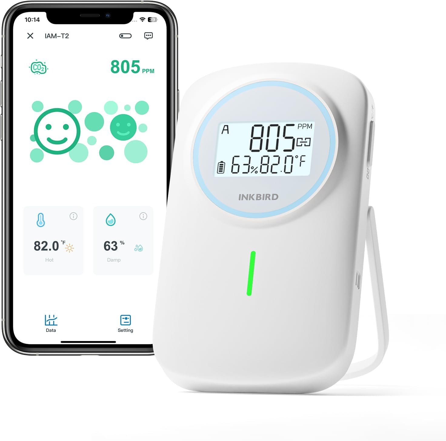INKBIRD Ndir CO2 Detector Battery Powered Bluetooth | Smart 3 in 1 CO2 Monitor with App | Carbon Dioxide & Temperature & Humidity Air Quality Monitor Indoor | for Home, Office, RV, Grow Tent (IAM-T2)