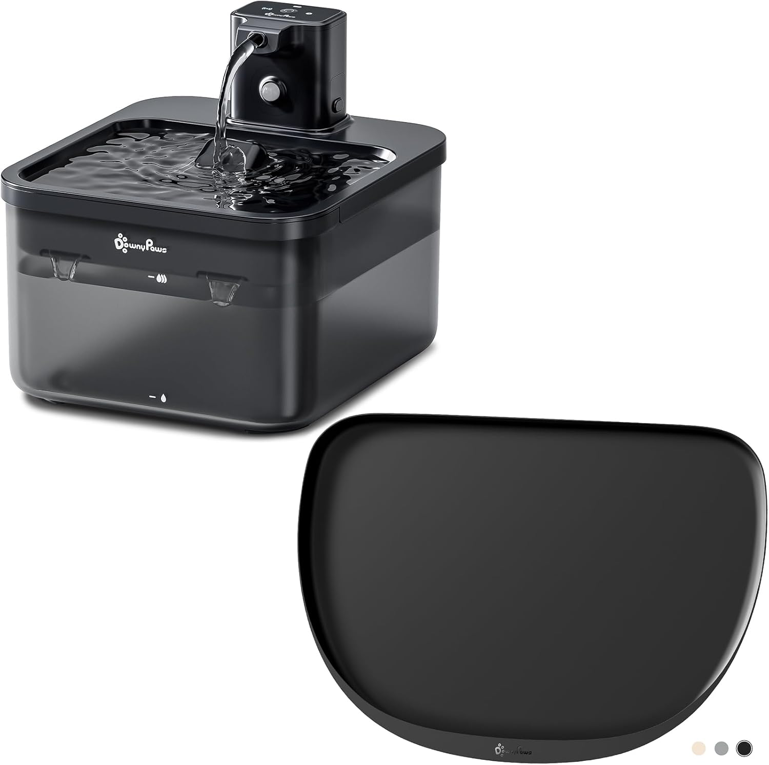 DownyPaws Cat Water Fountain Cordless, 84oz/2.5L Fursink Wireless Pet Water Fountains, BPA-Free, Black and Dog Cat Food Mat for Food and Water, 18"×12.5", Black