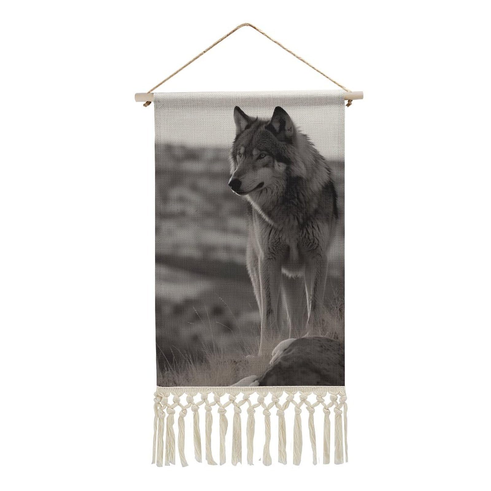 BTCOWZRV Cotton And Linen Hanging Poster with Tassels, Wolf On The Grass Wall Hanging Tapestry Vintage Wall Art Painting Modern Artwork Decoration for Home Decor Ready to Hang 10x19.6 in
