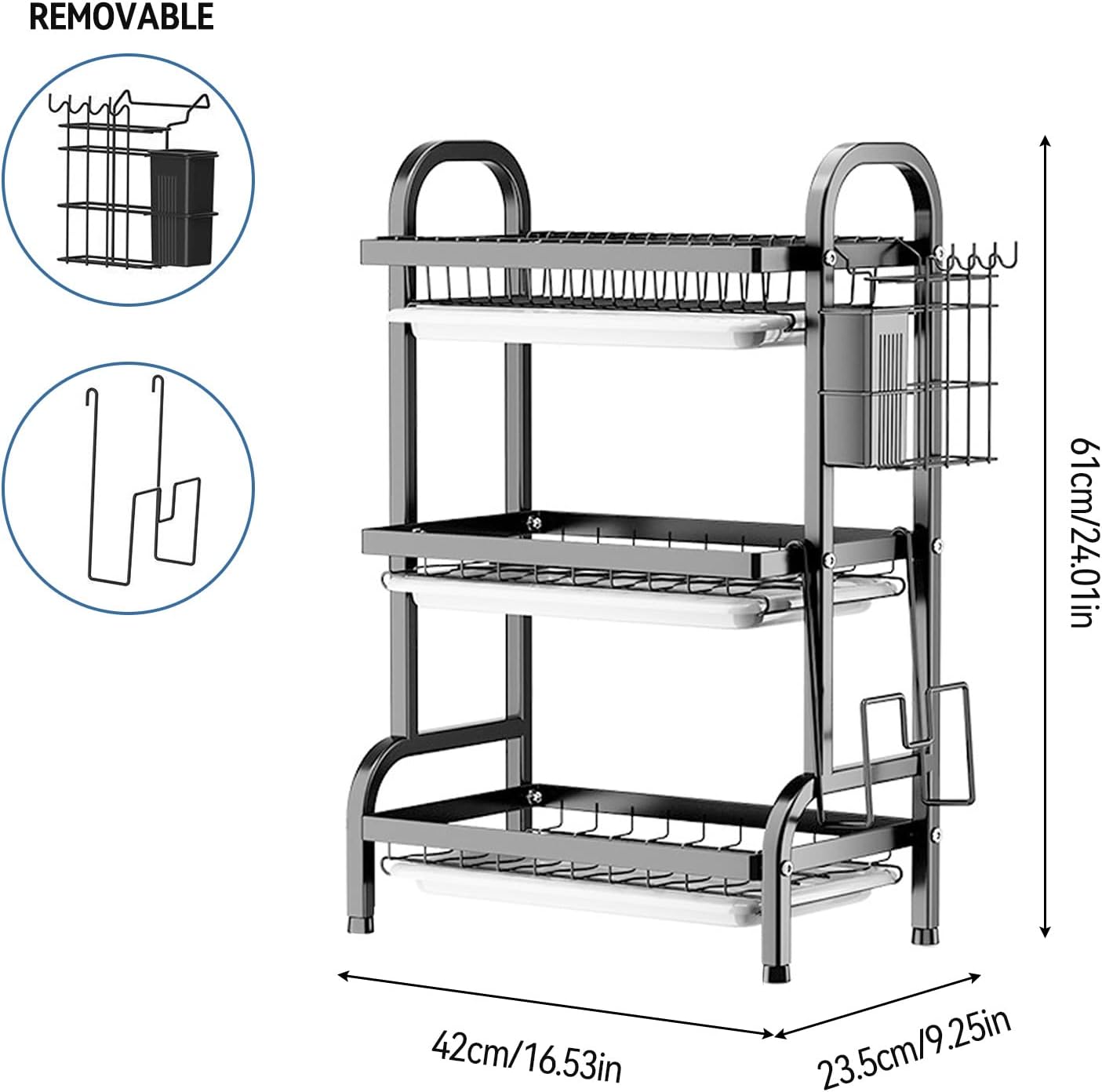 Goldmeet 3 Tier Dish Drying Rack, Large Stainless Steel Over The Sink Dish with Drain Tray, Kitchen Dishes Drying Racks, Dish Racks for Kitchen Counter Storage (Black)
