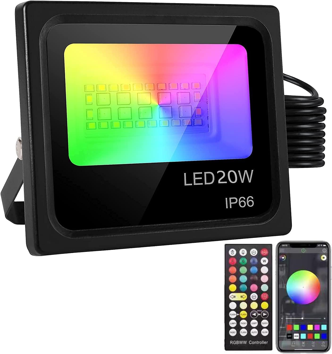 Smart RGB LED Flood Lights Outdoor, 20W Indoor RGB Color Changing Lighting APP and Bluetooth, Dimmable Strobe IP65 Waterproof,Party Uplighting Landscape Spotlight Strobe Light Uplight Stage Lighting