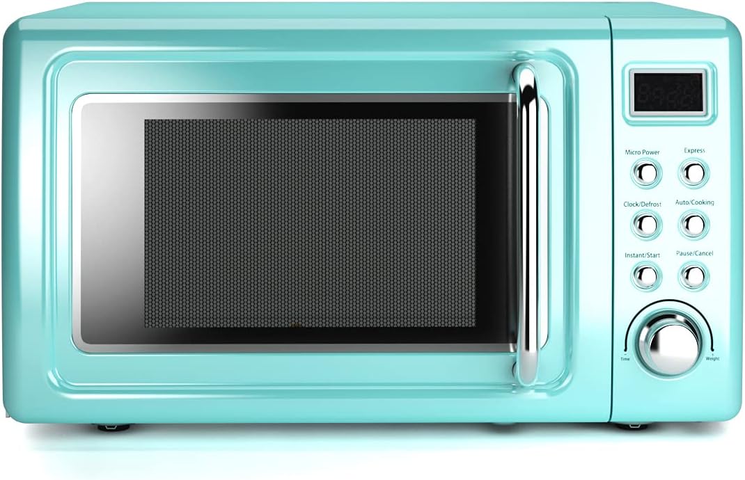 KOTEK Retro Countertop Microwave Oven, 0.7 Cu.ft, 700W, Compact Microwave oven w/5 Micro Power, Auto Cooking & Delayed Start Function, Child Safety Lock, LED Display, Viewing Window & Glass Turntable