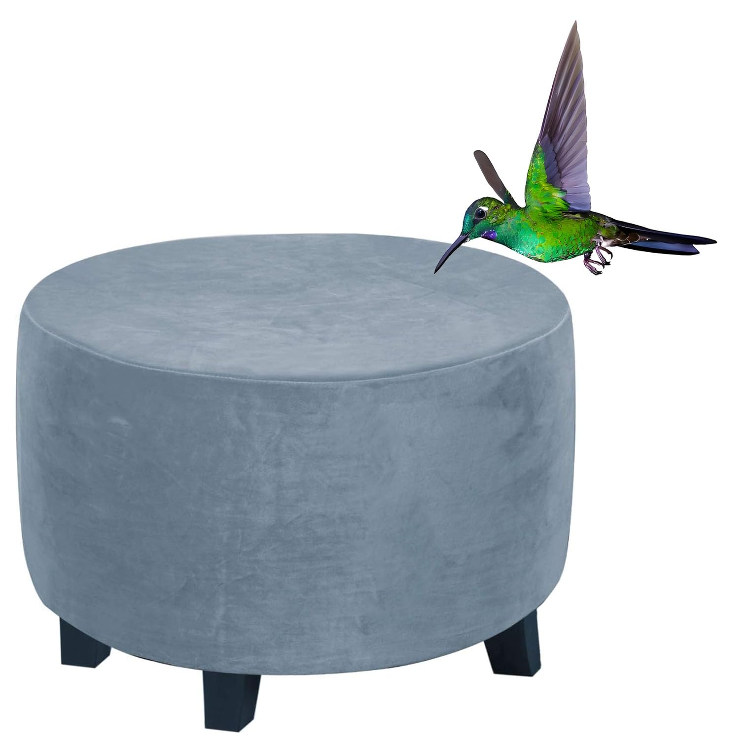 RTSFKFS Round Velvet Ottoman Cover, Stretch Luxury Foot Stool/Footrest Slipcover Pouffe Protector Hassock Covers with Elastic Bottom, Dustproof Removable Washable(Stone Blue,22"(55-59cm))