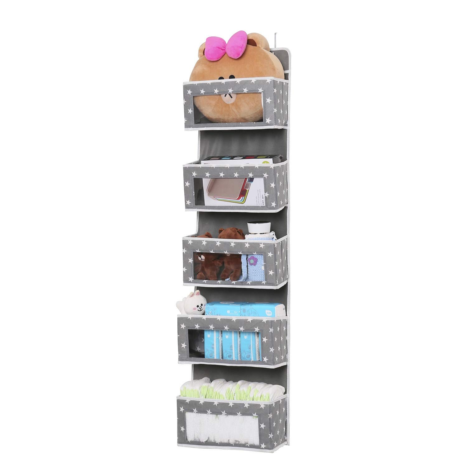 Over Door Storage Organiser, 5 Foldable Pockets Bedroom Wall Hanging Shelves with Clear Window Caddy Hanger for Baby Caddy Bathroom Wardrobe