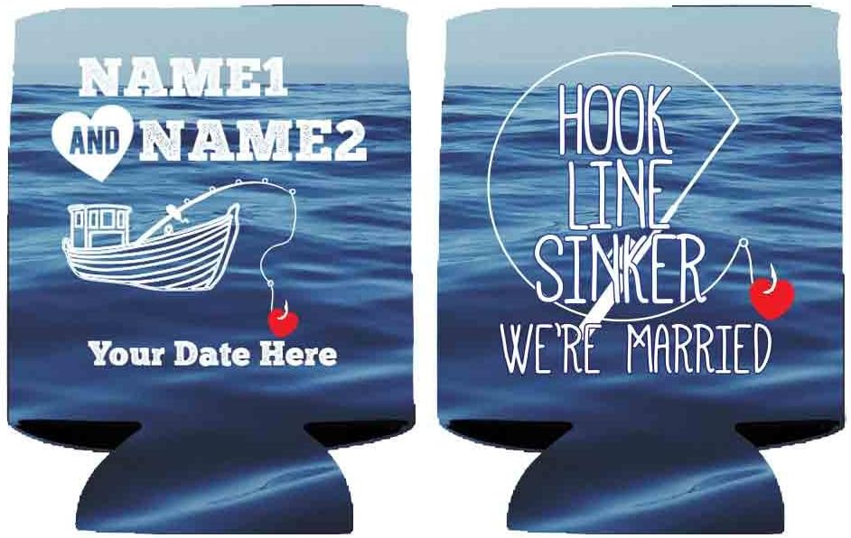 VictoryStore Can and Beverage Coolers: Customizable “Hook, Line, Sinker, We’re Married” Nautical Wedding Can Coolers - 25pc