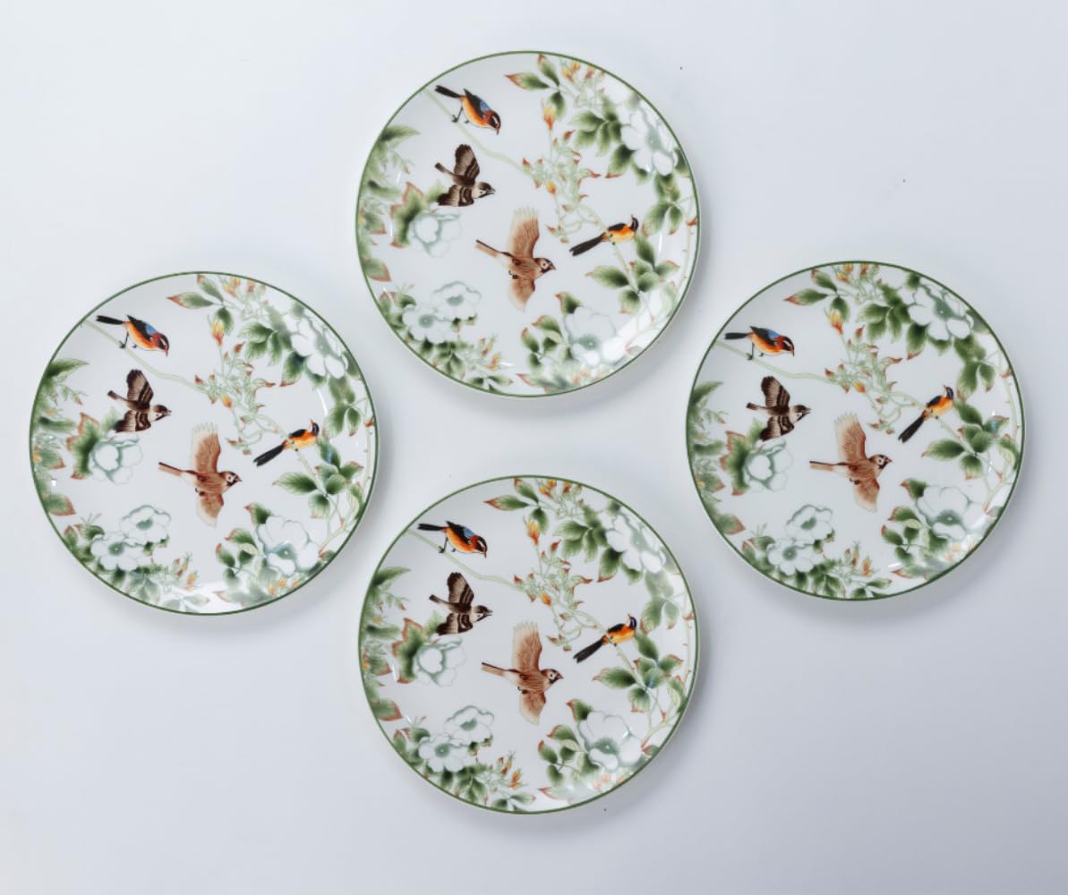 GOLDEN QUEEN'S bone china Snack Plates Set - Pack of 4|Perfect for Small Bites, Desserts, Appetizers, Salads, Tapas, Cheese Boards|7 inches Wide|Microwave Safe - Birds & Green Floral