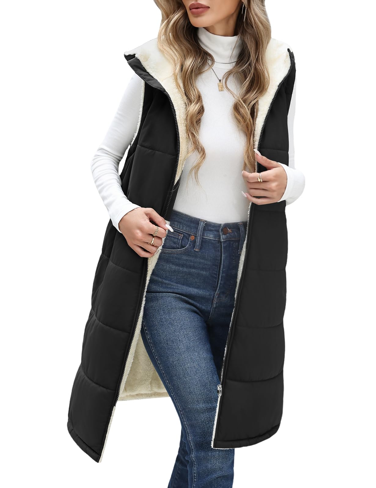 Womens Fall Long Vest - Sleeveless Fleece Lined Coats Sherpa Quilted Puffer Jackets with Hood Zip Warm Winter Outwear-picture-54
