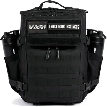 WOLFpak 25L Tactical Gym Backpack (Alpha Black) Durable 1000D Waterproof Oxford Material with MOLLE Webbing, Laptop Pocket & Dual Cup Holders