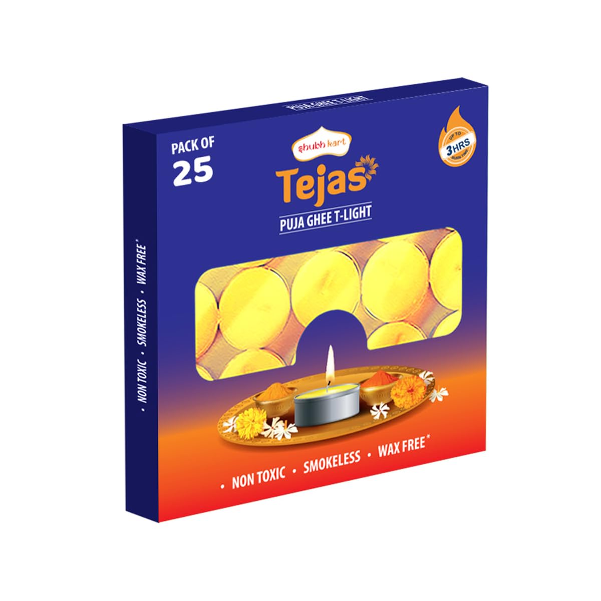 Shubhkart Tejas Puja Ghee T-Light Candles 25N | Non Toxic Smokeless & Wax Free Tea Light Candles Perfect for Home Decor, Puja | No Residue Long Lasting| 3 Hours Burn Time (Set of 25) (B0CBK5MZB7) Amazon Price History, Amazon Price Tracker