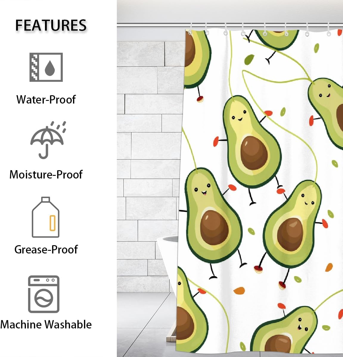 Shower Curtain with Hooks, Cute Avocado Cartoon Waterproof Polyester Fabric Shower Curtains 60" x 72" Machine Washable for Bathroom Bathtubs Decor Home