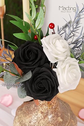 Miniatura 3 de MACTING 30 PCS Flores Artificiales Rosas Negras y Blancas Flores Falsas con Tallo Rosas de Espuma de Tacto Real para Boda Bola de Besos Ramillete