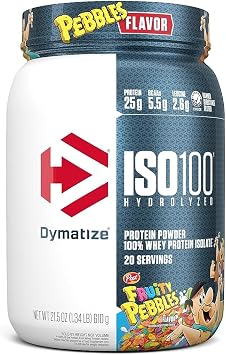 Dymatize ISO100 Hydrolyzed Fruity Pebbles Protein Powder Bundle, 25g Protein, 5.5g BCAAs, 5 Pound + 20 Servings