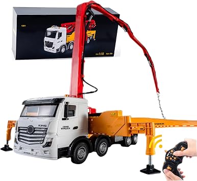 18.9-Inches Remote Control Cement Pump Truck 11-Channel 1/18 Scale 2.4Ghz RC Construction Vehicle with Water Pump for 14y+ Beginners Adults Yellow 8-Wheels