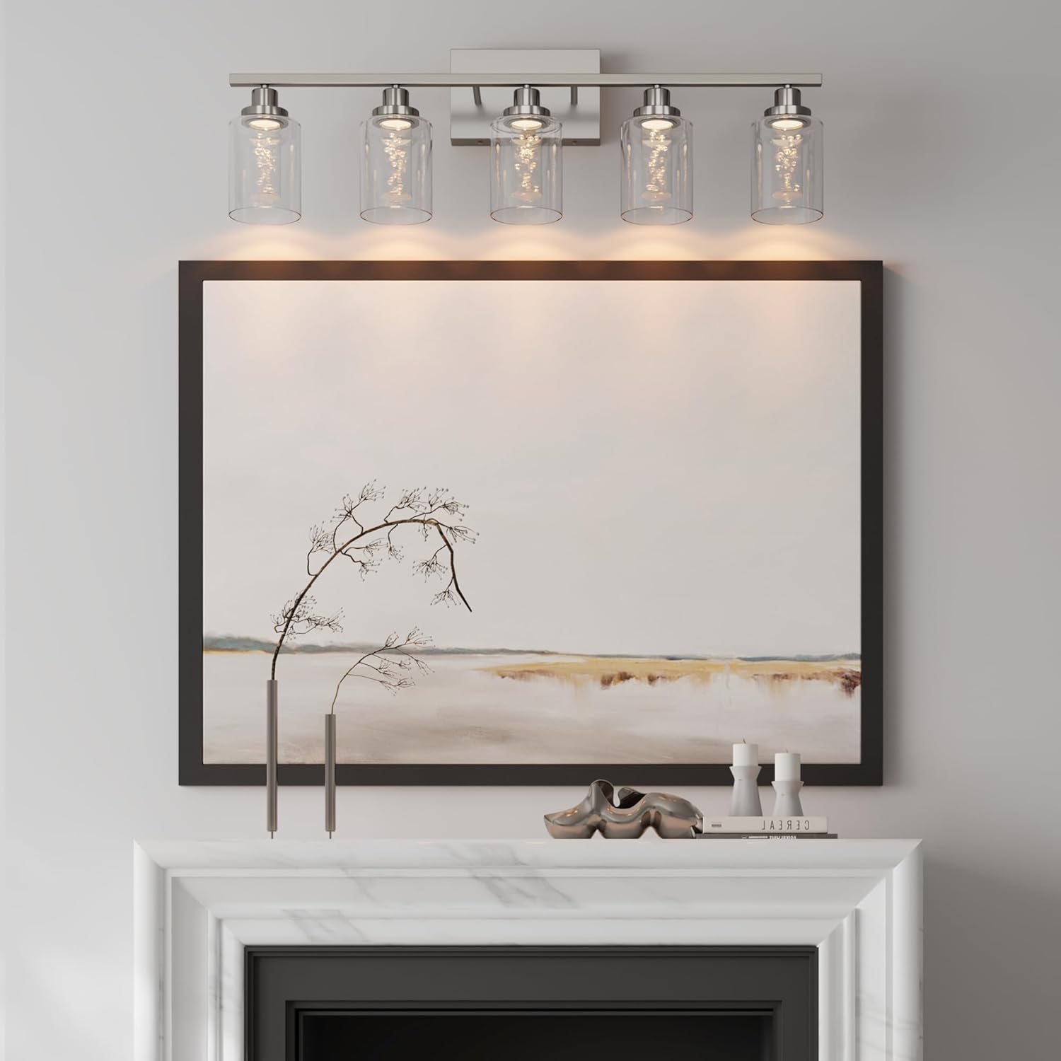 MELUCEE Bathroom Vanity Light Fixtures 5-Light Modern LED Vanity Lights for Bathroom Brushed Nickel with Crystal Bubble Clear Glass Shade, Dimmable Wall Light 3000K-6000K, Built-in LED Chips