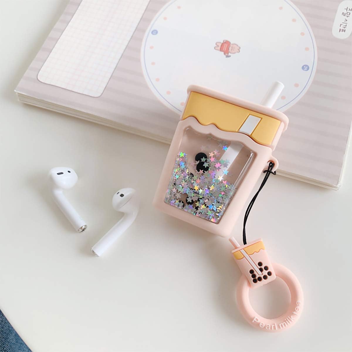 MOLOVA Case for Airpods 1&2 Case,Soft Silicone 3D Cute Food Boba Milk Tea Fashion Funny Shining Bling Twinkle Design Kawaii Airpods Accessories Cover for Kids Girls Teens Women Boys (Quicksand Tea)
