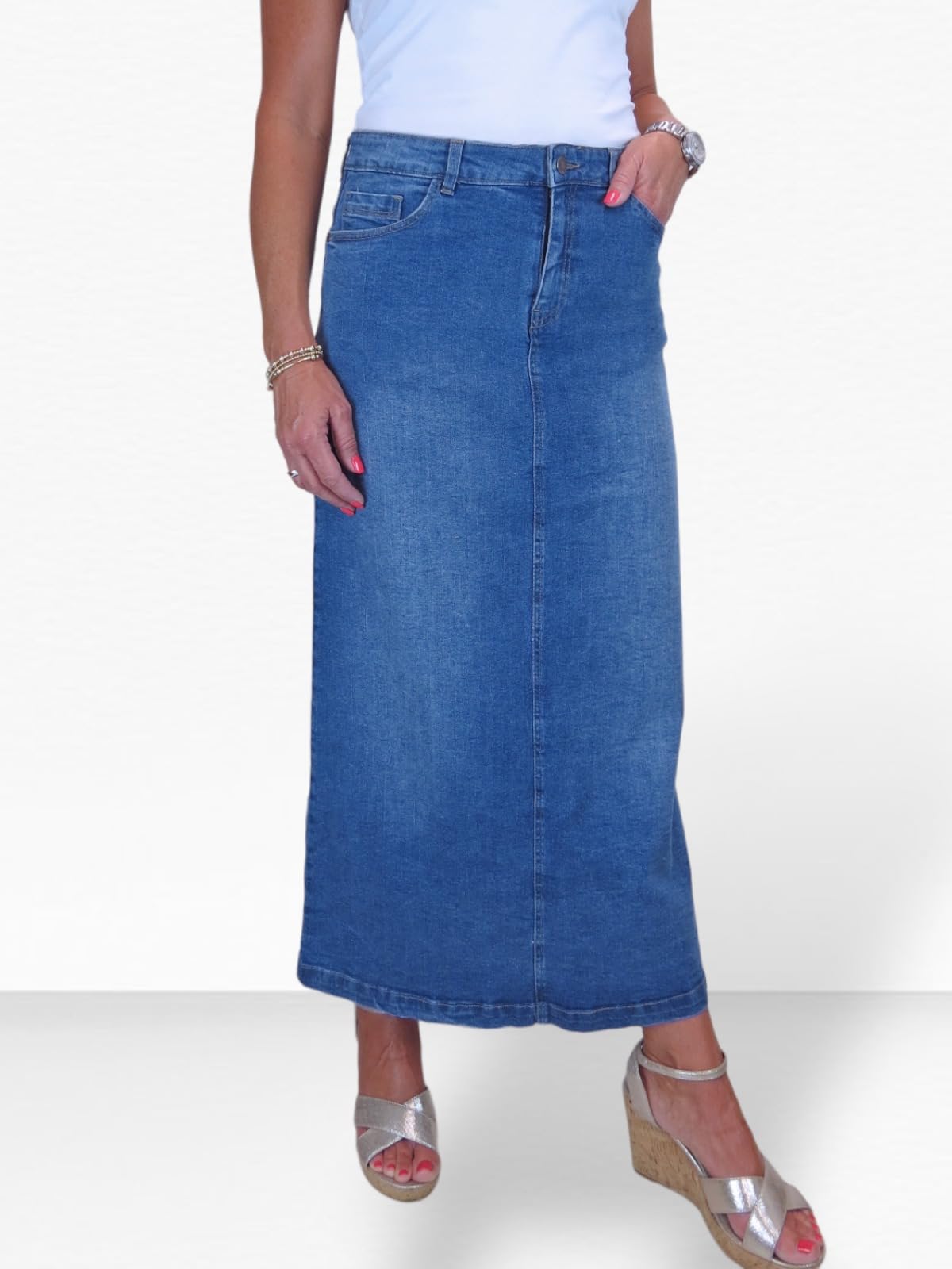 Damen Maxi Long Jeans Rock Sehr Dehnbarer Denim 36-48