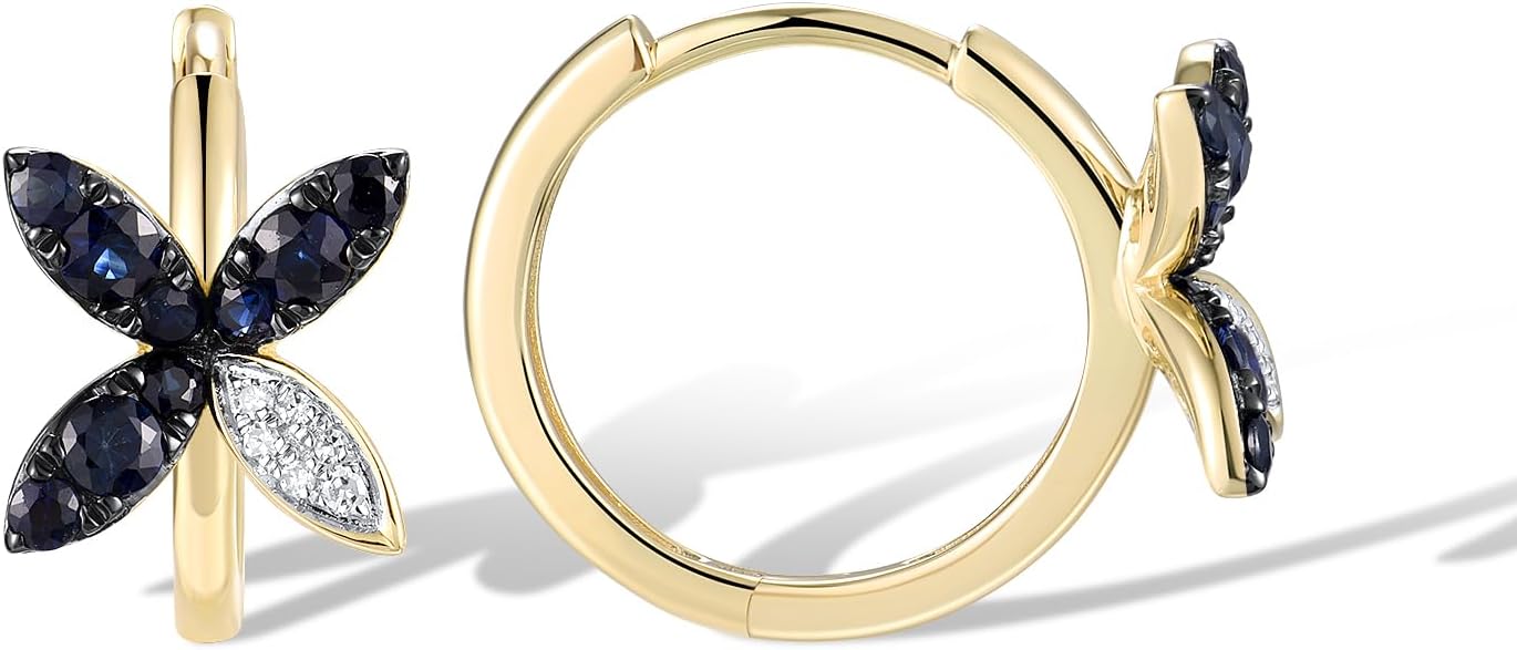 Santuzza 10K Solid Gold Flower Leaf Genuine Diamond Dainty Huggie Hoop Earrings for Women