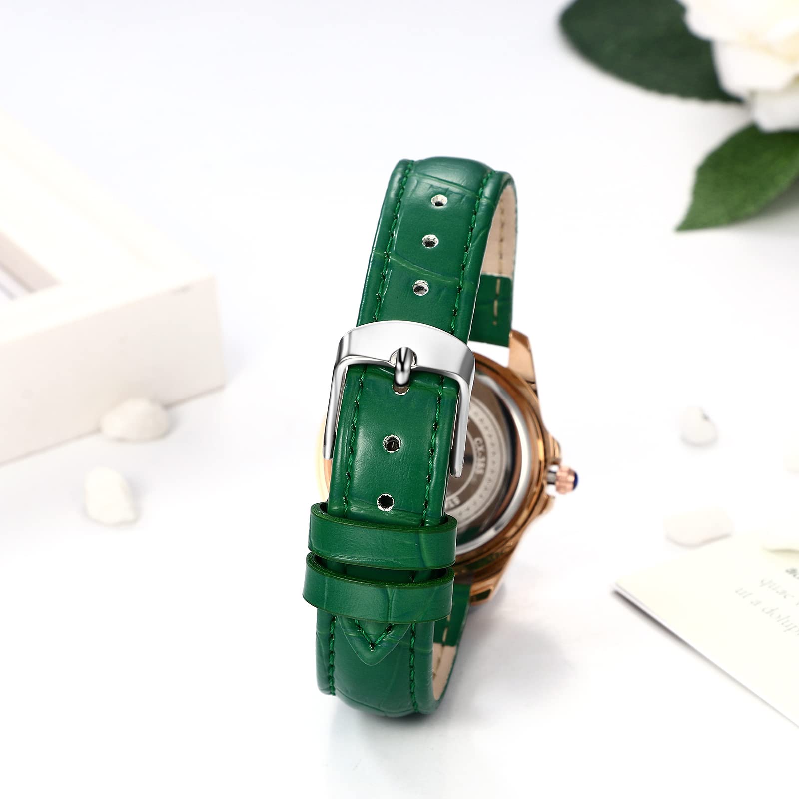 JewelryWe Uhren Damen Analog Quarz Armbanduhr Klassisch Elegant Strass Rechteckig/Rund Datum Kalender 30m Wasserdicht Geschäfts Beiläufige Uhr mit Echtleder Leder Armband