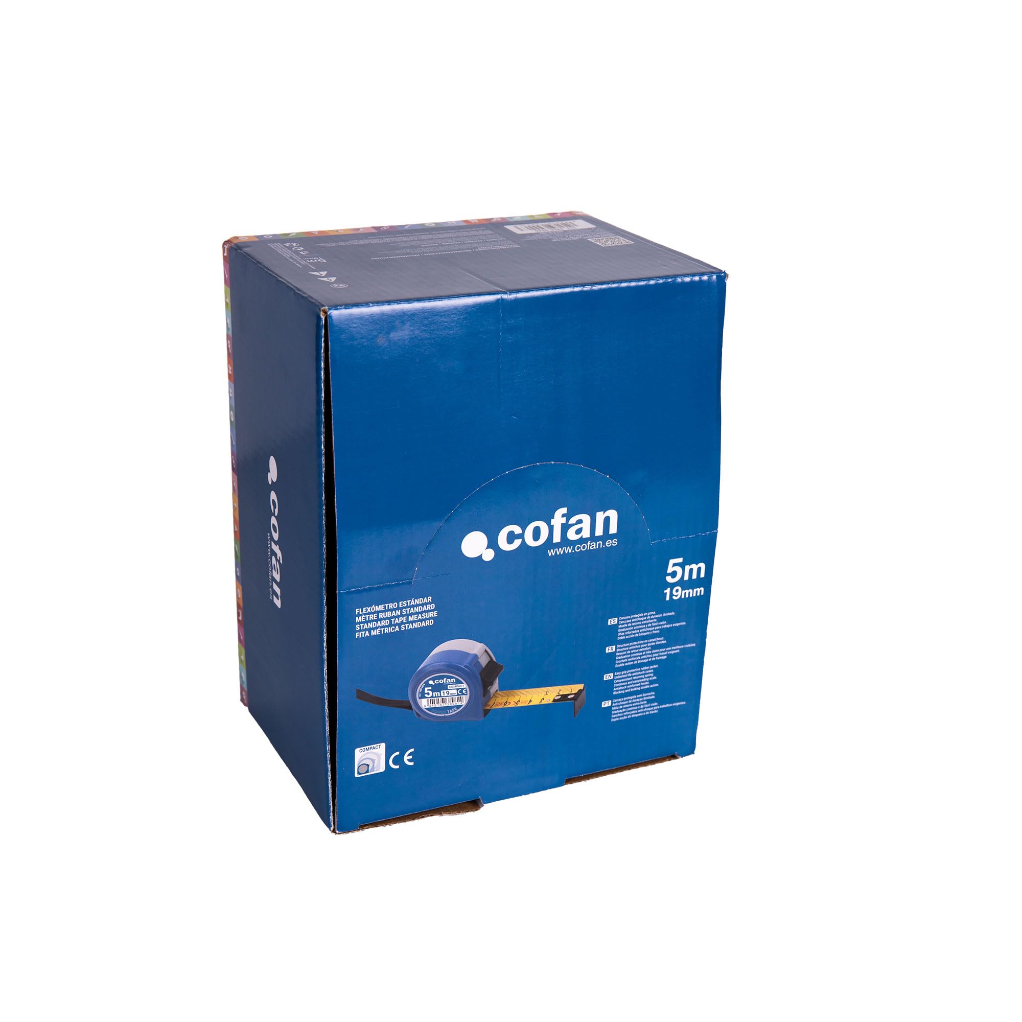 Cofan Espositore per flessometri standard con pulsante di blocco Cofan | Include 12 flessometri | Flexometri da 3 o 5 m | Larghezza della lama 16 o 19 mm (12, 5 m x 19 mm)