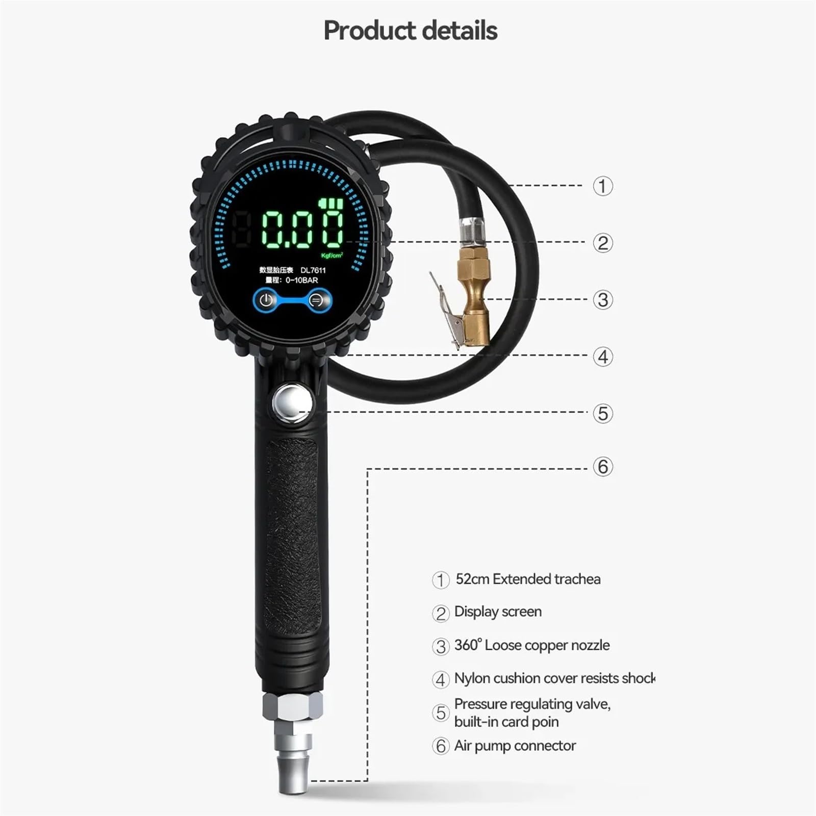 Medidor De Presión Neumáticos, Reloj Tubo Largo, 52mm, 0,5-10bar, Probador Aire Alta Precisión For Coche Y Motocicleta
