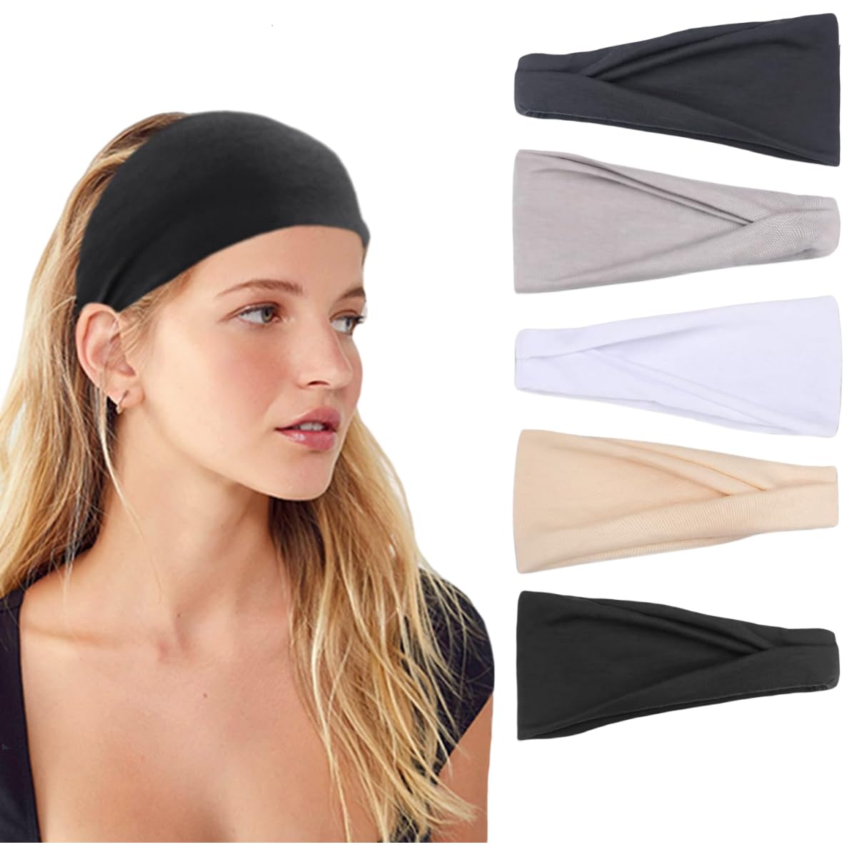 CCHELIZI (5 Pack) Hair Headbands for Women, Non-Slip, Premium Stretchy Head Bands Hair Accessories,Wear for Yoga, Fashion, Working Out, Travel or Running, Neutral.