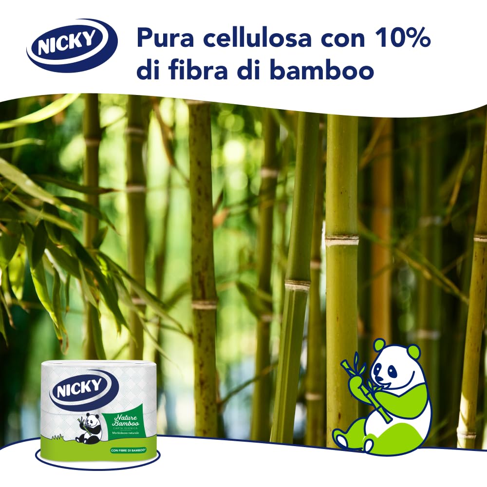 Nicky Nature Bamboo - 28 Rotoli di Carta Igienica, 160 Soffici Fogli a 3 veli di Pura Cellulosa e Arricchiti di Fibre di Bamboo, Morbida e Confortevole, Sostenibile Dentro e Fuori, Bianca
