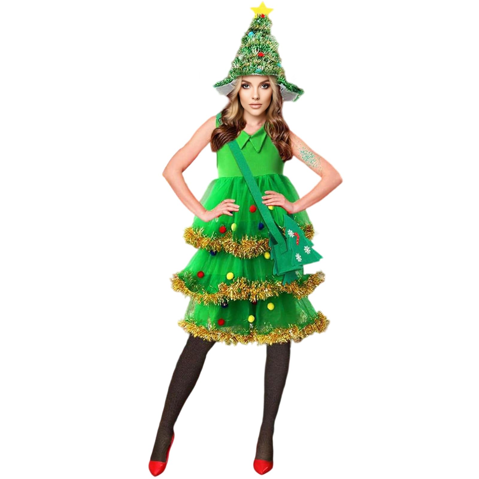 Edhomenn Womens Christmas Tree Costumes Adults Fancy Dress Sleeveless Layer Christmas Dress with Tree Hat Stocking Cute Bags 4 Pcs Festival Outfits (01 Green, S)