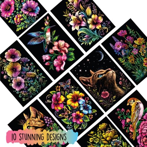 Image of Scratch Art Book for Adults - Floral Series, 10 Rainbow Art and Crafts for Adults
