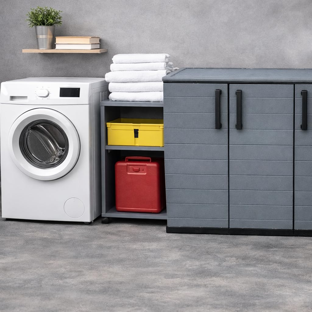 Armadio Basso 3 Ante da Esterno 102x37x84h cm Ripiani Regolabili - Antiusura, Idrorepellente, Chiusura a Scatto, Robusto, Anti odore, Lavabile - Plastica Eco Sostenibile Grigio