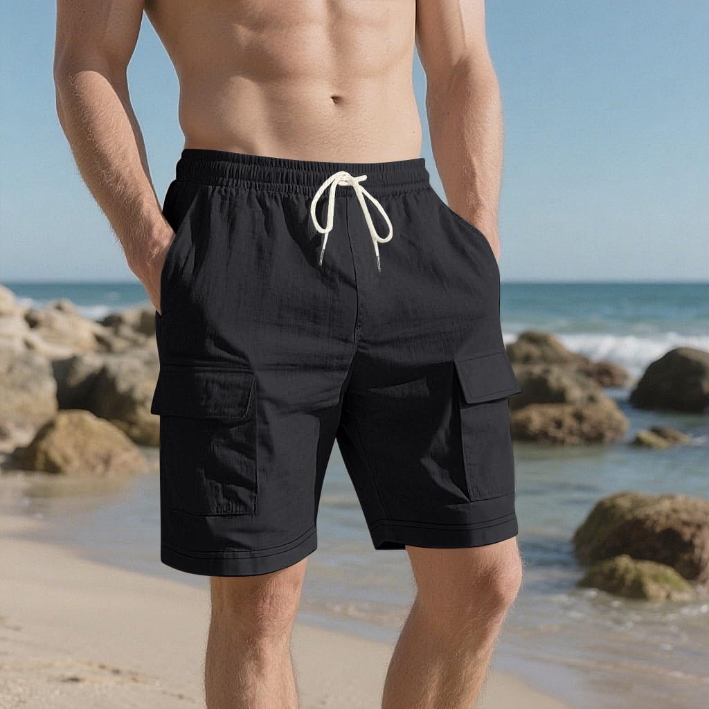 Mens Linen Shorts Casual Summer Beach Shorts Elastic Waist Drawstring Cargo Pants with Multiple Pockets - Image 3
