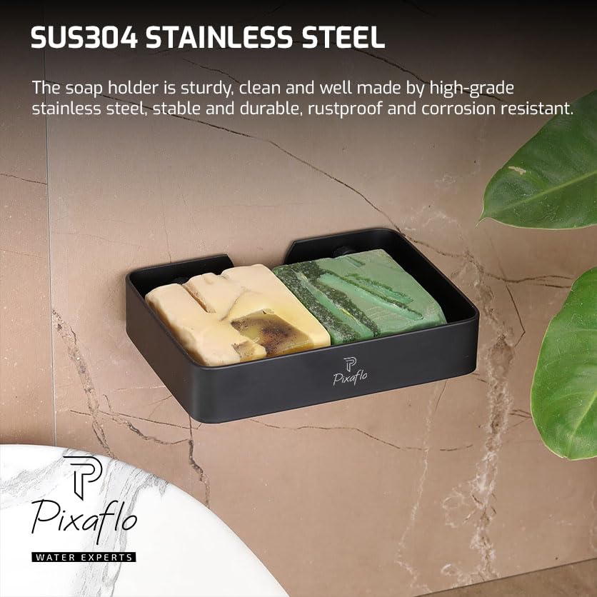 Image of Pixaflo Stainless Steel 304 Grade Bathroom Soap Holder /Soap Stand /Soap Dish | Wall-Mounted | Durable | Anti-Rust | Sleek Black Finish | Bathroom Accessories | Black