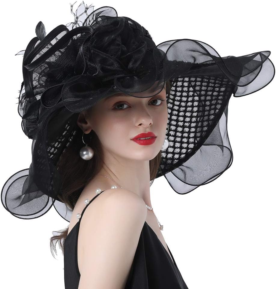 Ladies Sun Hat with Mesh Flower Decoration Wide Brim Hat Occasion Event Organza Fancy Church Dress Hat