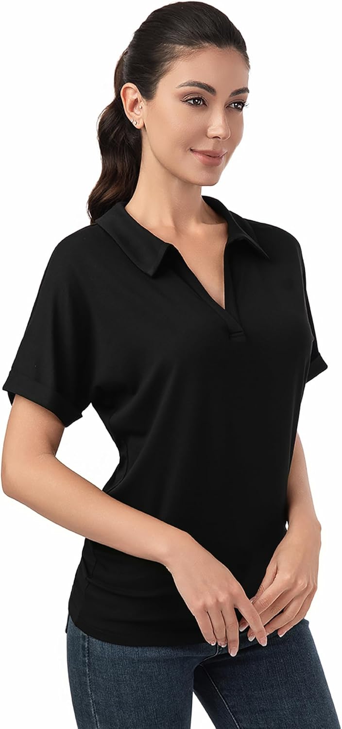 AmélieBoutik Women Polo Shirts Short Sleeve 2025 V Neck Business Dressy Casual Tops Summer Collared Trendy Tees
