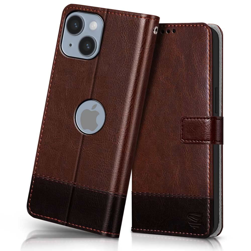 FLIPPED Vegan Leather Flip Case Back Cover Compatible with Apple iPhone 14 (Flexible, Shock Proof | Hand Stitched Leather Finish | Card Pockets Wallet & Stand | Brown with Coffee)
