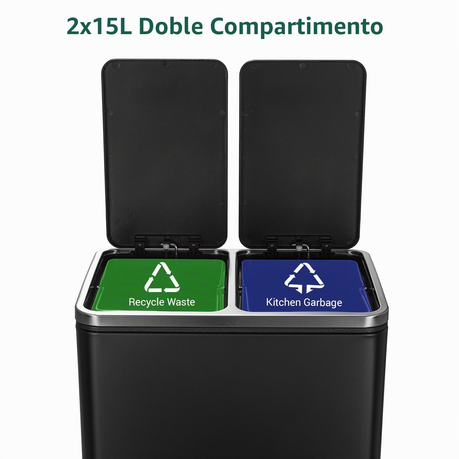 LIFERUN Cubos De Basura De Reciclaje de Doble Compartimentos con 2x 15 L Cubos Interiores de Plástico y Asas, Bote de Basura de Metal con Tapa de Cierre Lento y Pedal, Negro